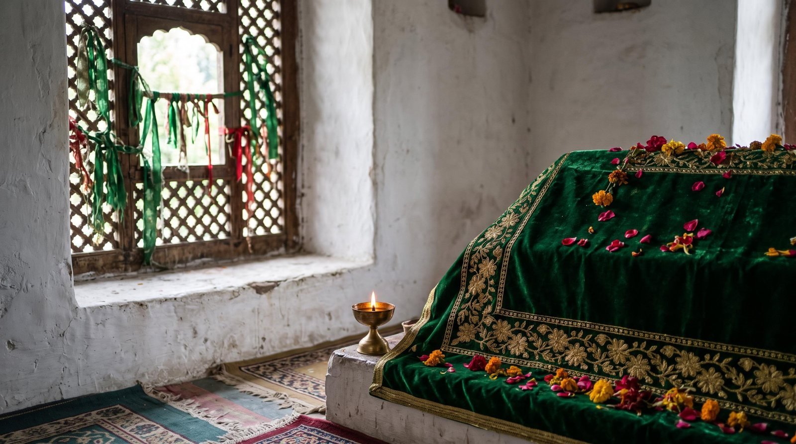 A tomb covered with a green embroidered chadar, rose petals and an oil lamp inside a whitewashed Sufi shrine