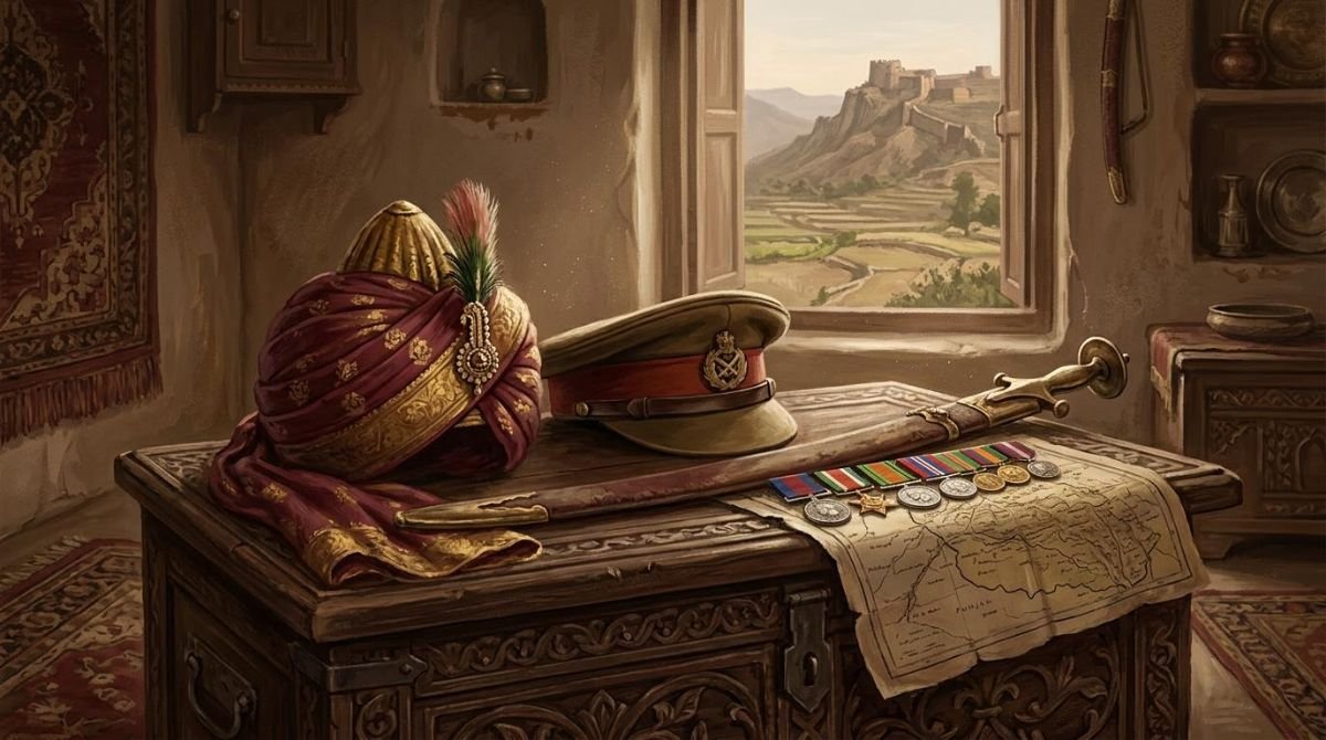 Painterly still life of a cavalry turban, sword, campaign medals and a 1940s officer's cap, with the Bhimber hills beyond a window