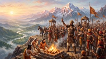 A Rajput king in bronze armour raises his sword as priests tend a sacred fire and warriors with saffron banners gather on a Himalayan ridge at dawn