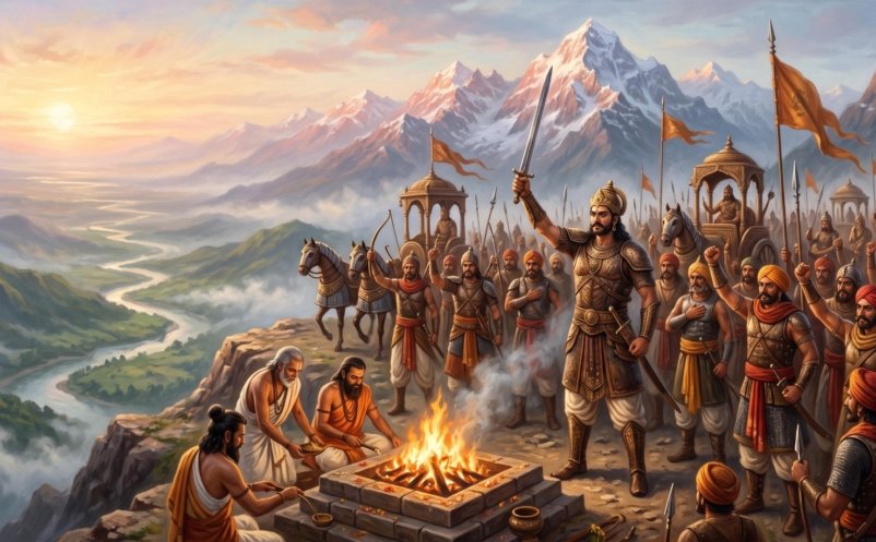 A Rajput king in bronze armour raises his sword as priests tend a sacred fire and warriors with saffron banners gather on a Himalayan ridge at dawn