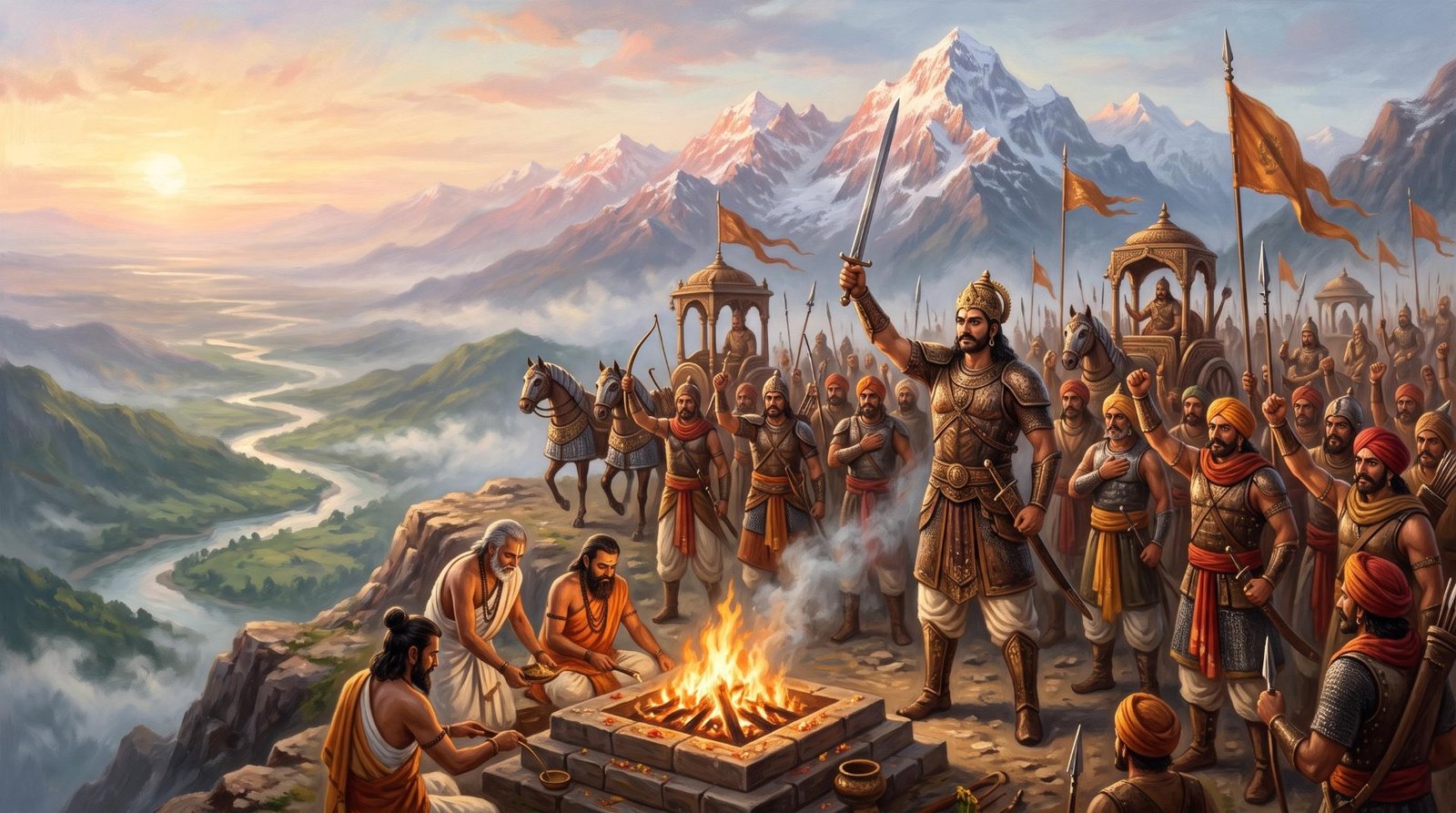 A Rajput king in bronze armour raises his sword as priests tend a sacred fire and warriors with saffron banners gather on a Himalayan ridge at dawn