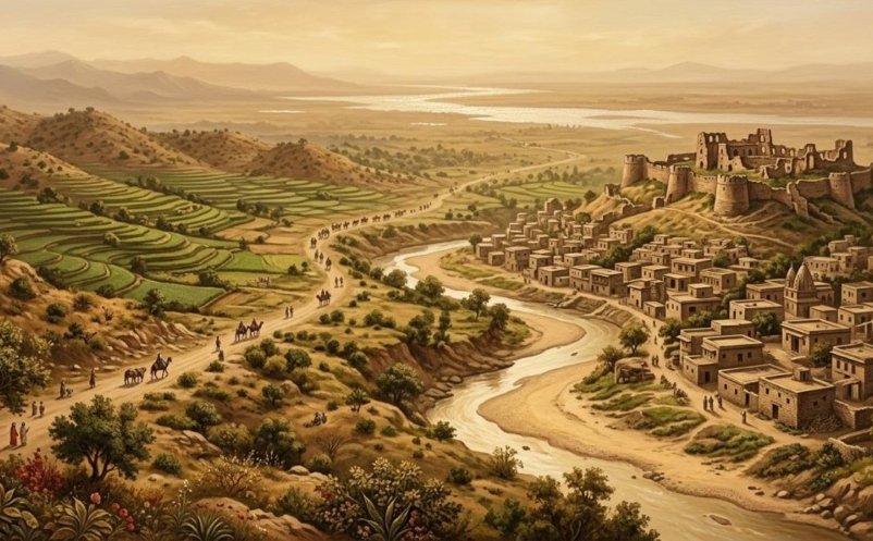 Illustration of the Chibhal landscape around Bhimber, with the Bhimber Nala dividing the old town and the hills beyond