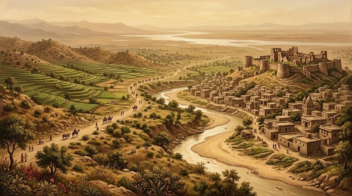 Illustration of the Chibhal landscape around Bhimber, with the Bhimber Nala dividing the old town and the hills beyond