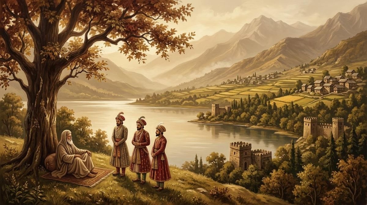Illustration of four hill forts beside Baghsar lake, symbolising the founding of the Chib mandis of Chibhal