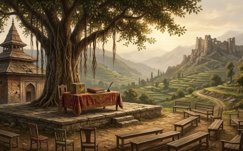 Painterly illustration of an empty meeting platform with a ballot box and register beside a village mosque in the Samahni valley
