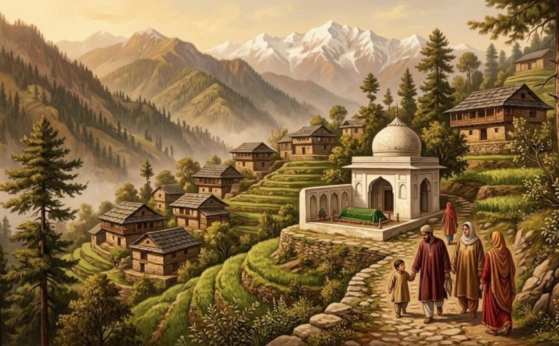 Illustration of a hill shrine at Rajdhani in the Poonch hills with a family bringing a child