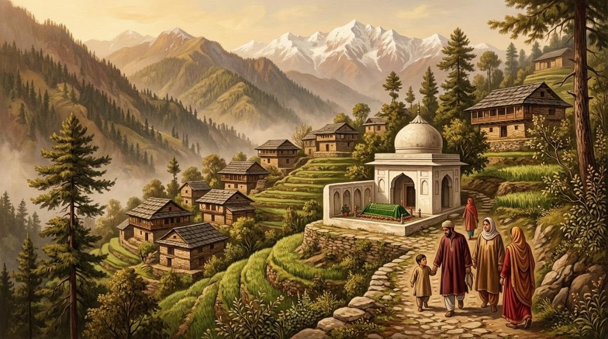Illustration of a hill shrine at Rajdhani in the Poonch hills with a family bringing a child