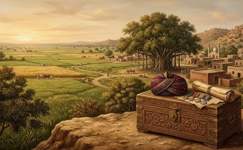 Villages on the Kharian plain below the Bhimber hills, with a regimental turban, medals and a family-tree scroll