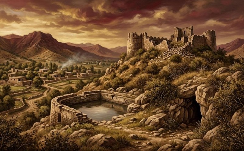 Painted scene of a ruined hill fort and old water tank above a Chib village near Bhimber at dusk