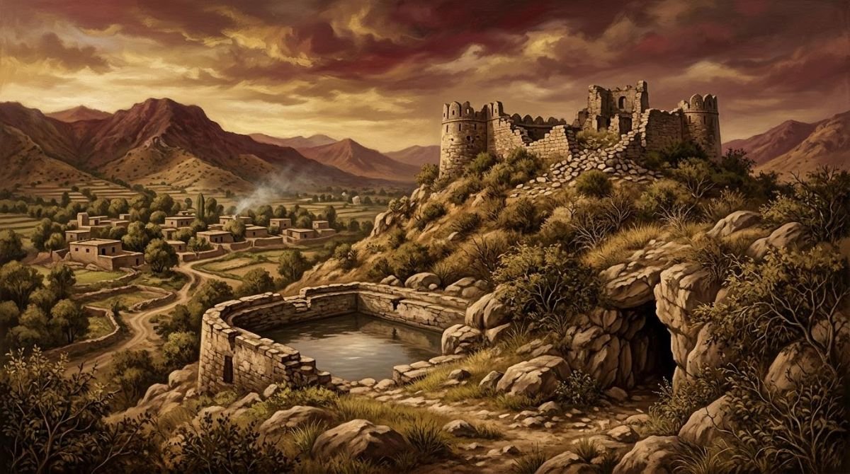 Painted scene of a ruined hill fort and old water tank above a Chib village near Bhimber at dusk