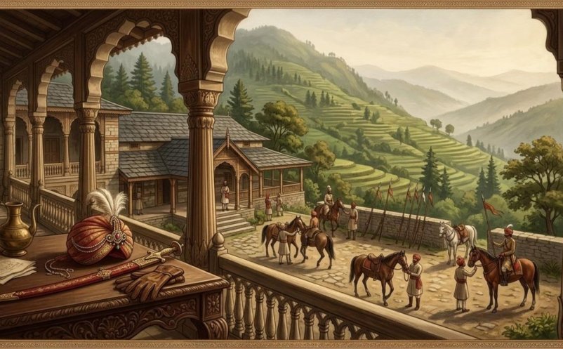 Painted veranda with a ceremonial turban, sword and gloves above a courtyard of horses and lances, evoking the Rajgan of Kasgumah