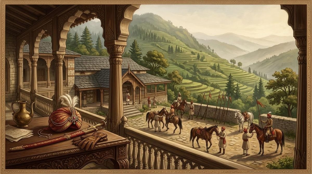 Painted veranda with a ceremonial turban, sword and gloves above a courtyard of horses and lances, evoking the Rajgan of Kasgumah