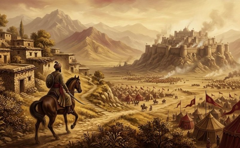 Illustration of a Mughal-era Rajput horseman riding towards a besieged fortress