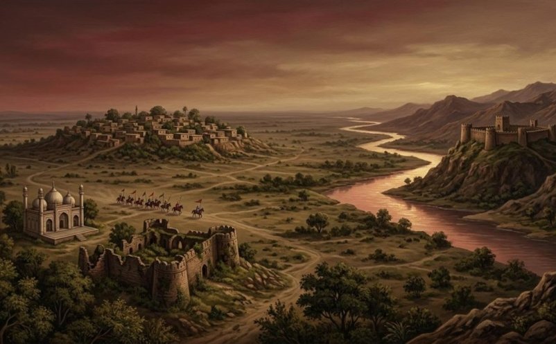 Painted landscape of the Jhelum valley with a hilltop fort and horsemen crossing the plain, evoking the Chib state of Khari Kariali