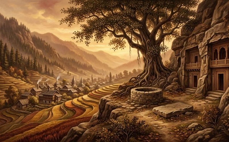Painted scene of rock-cut chambers above Khui Ratta with a well and a pipal tree