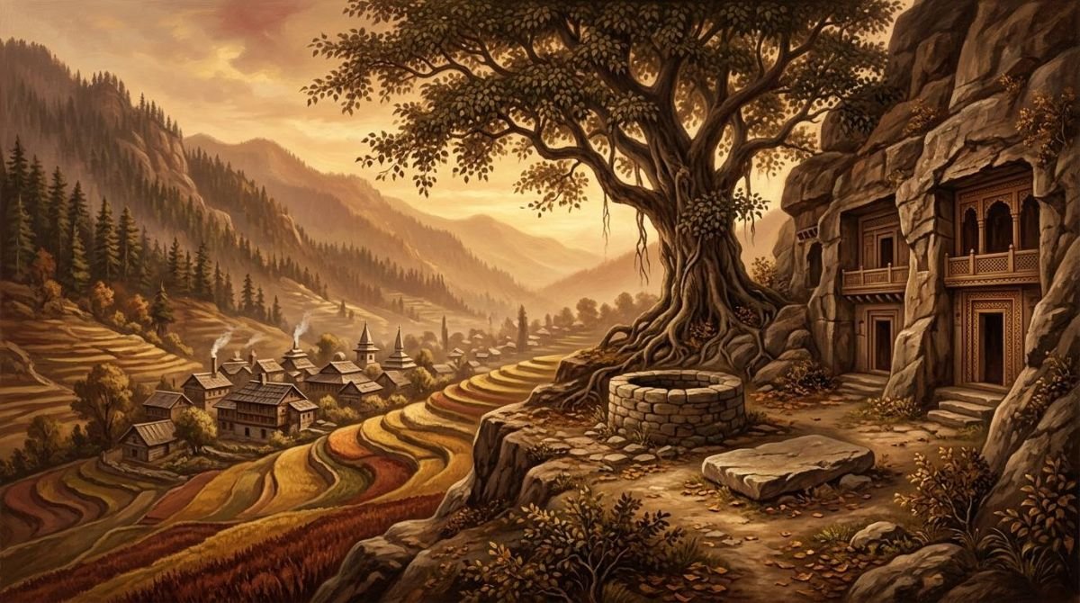 Painted scene of rock-cut chambers above Khui Ratta with a well and a pipal tree