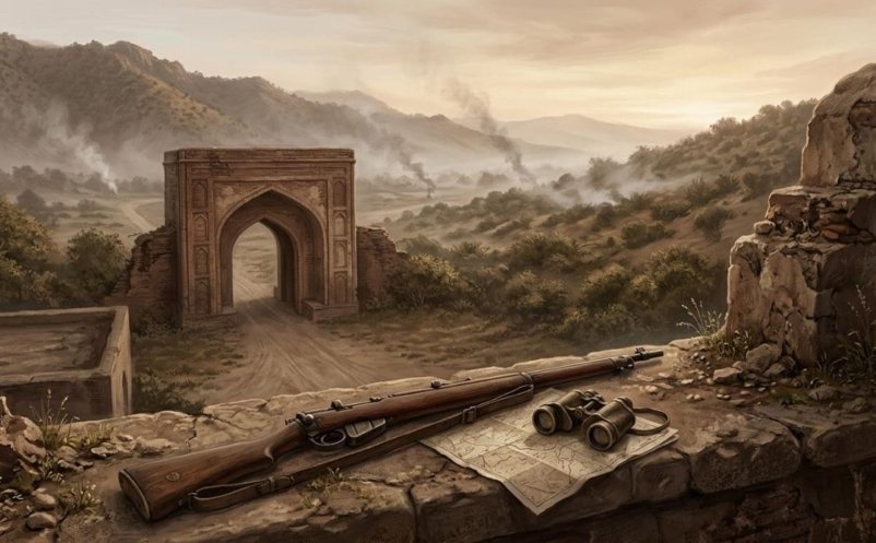 The old Mughal sarai gateway at Bhimber at dawn, with a map and binoculars on a parapet, recalling October 1947
