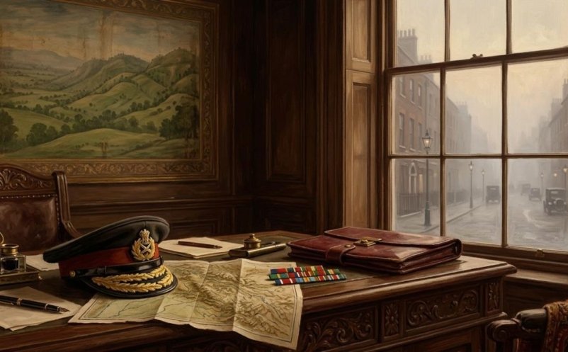 Symbolic painting of an officer's cap, Kashmir map, medal ribbons and diplomatic portfolio beside a London window