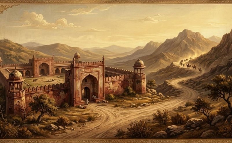 Illustration of a Mughal caravanserai on the old road to Kashmir, evoking Sarai Saadabad in Mandi Bandala