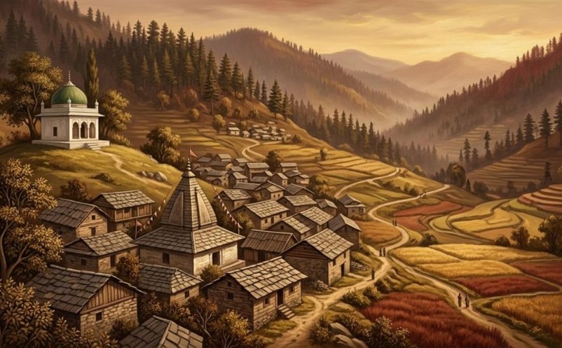 Illustration of a Sufi shrine and an old temple in a Samahni valley village, symbolising the Hindu and Muslim branches of Ghawaliyan