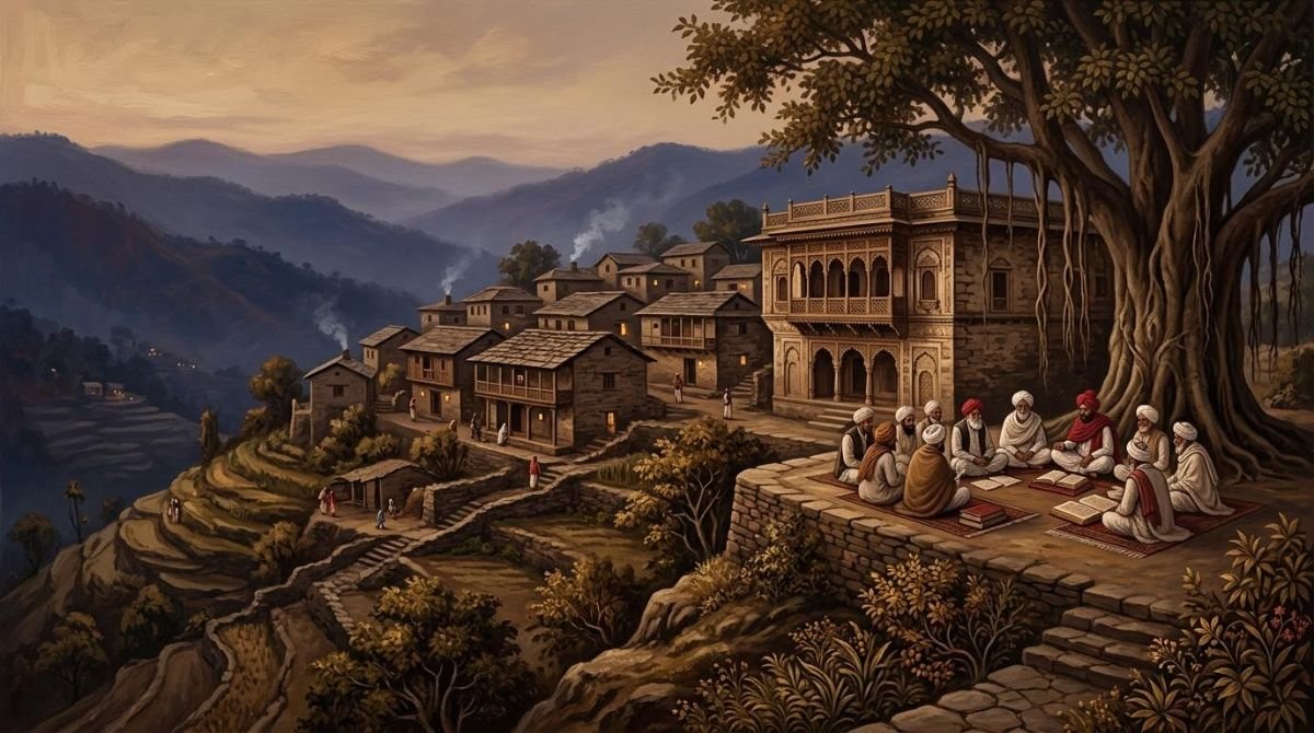 Illustration of a Chib hill village and haveli at dusk, evoking Mandi Malot in Chibhal Rajana