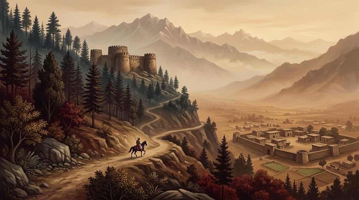 Illustration of a hill fort and a valley village, evoking the summer and winter seats of Mandi Rajal at Kamila Kot and Rajpur