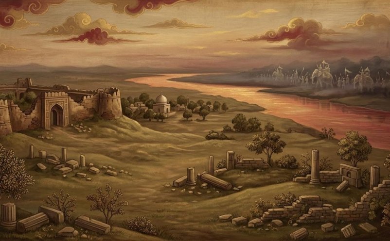 Illustration of the ruins of Pani Koti near Bisa at dusk, with a faint vision of Porus's army across the river
