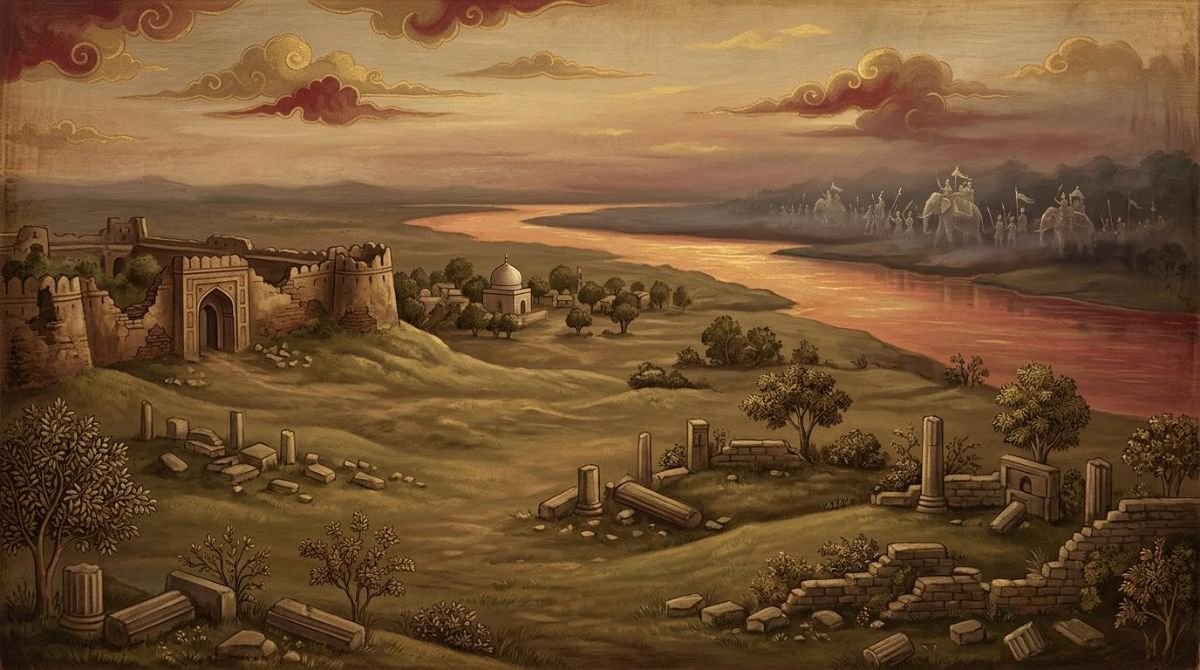 Illustration of the ruins of Pani Koti near Bisa at dusk, with a faint vision of Porus's army across the river
