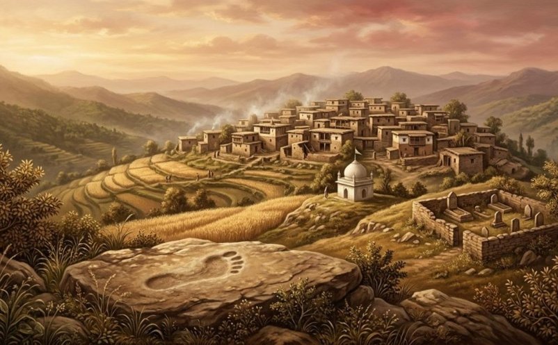 Painted scene of Panjeri village near Bhimber with a Sufi shrine, a walled graveyard and a footprint pressed into a rock