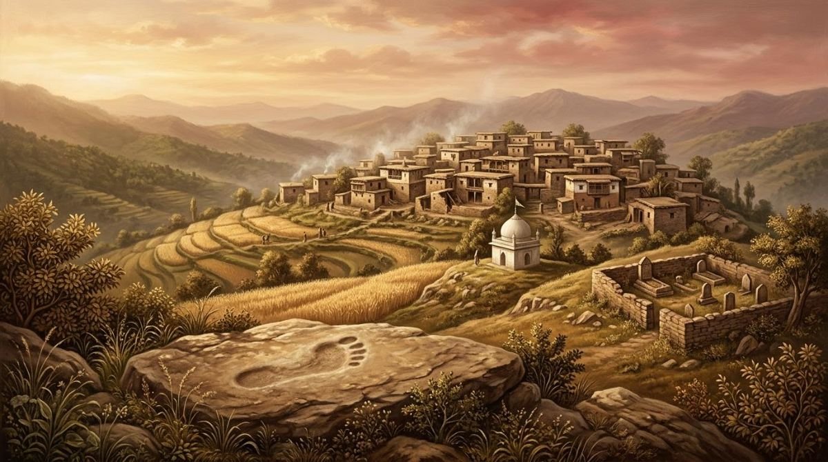 Painted scene of Panjeri village near Bhimber with a Sufi shrine, a walled graveyard and a footprint pressed into a rock