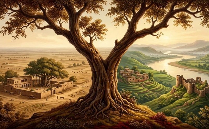 Painted landscape of two village estates, plain and hill, beneath a branching tree, symbolising the shared ancestry of Pothi and Lehri