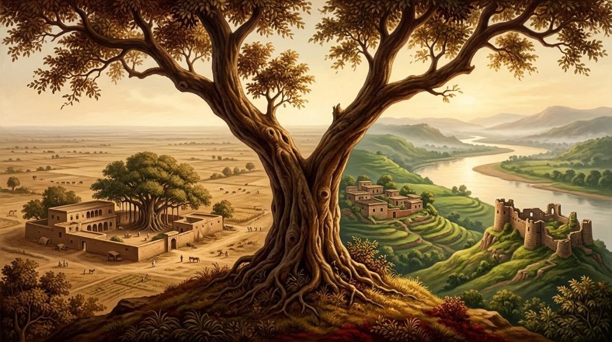 Painted landscape of two village estates, plain and hill, beneath a branching tree, symbolising the shared ancestry of Pothi and Lehri