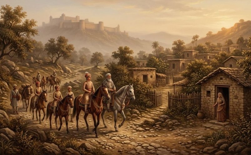 Illustration of a Katoch prince and his family arriving at a foothill village near Bhimber