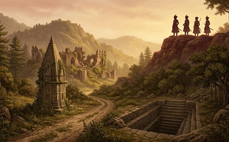Illustration of a stone samadh beside a valley road near Samahni with four princes on the ridge above