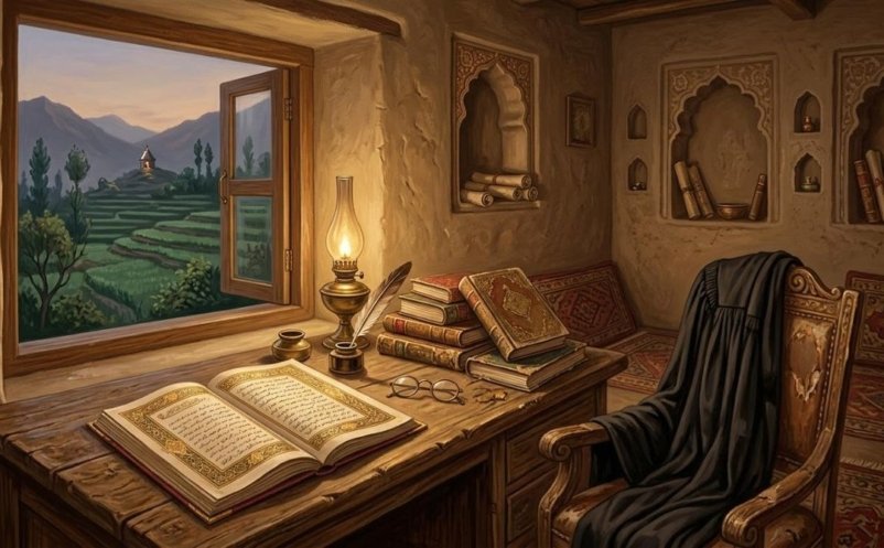 Painterly illustration of a writer's desk with a manuscript and a lawyer's gown, looking out to a hilltop shrine near Bhimber