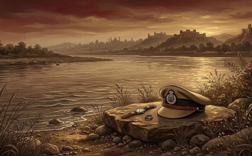 A police cap and wristwatch on the bank of the Tawi river at dusk, in memory of Raja Suhbat Ali Khan