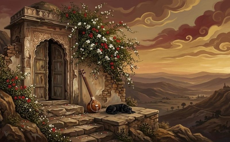 Imagined painting of the two-coloured jasmine at the door of the shrine of Baba Shadi Shaheed and Rani Thakial