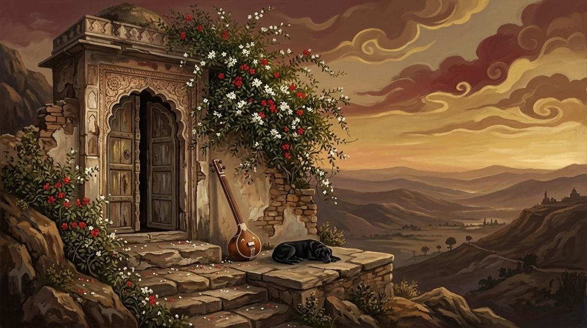 Imagined painting of the two-coloured jasmine at the door of the shrine of Baba Shadi Shaheed and Rani Thakial