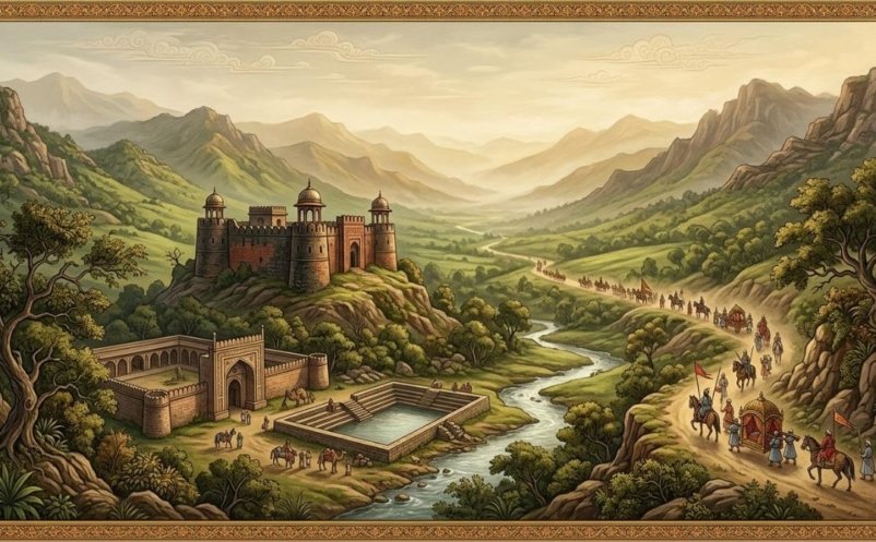 Painted view of the Samahni valley with a small hill fort, a Mughal caravanserai and a distant imperial procession on the road to Kashmir