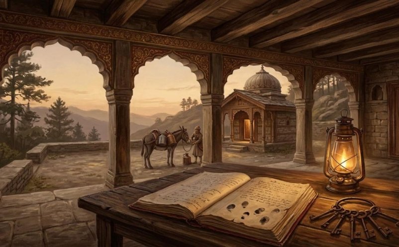 Illustration of a shrine inventory, keys and lantern on a stone verandah, symbolising the 1961 Auqaf takeover of the Baba Shadi Shaheed darbar