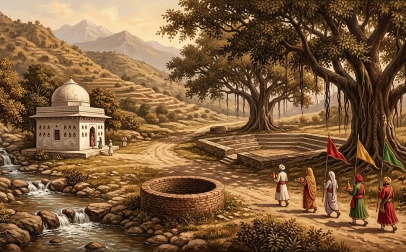 Illustration of a whitewashed shrine, an old well and a banyan-shaded tank on the old road near Bhimber