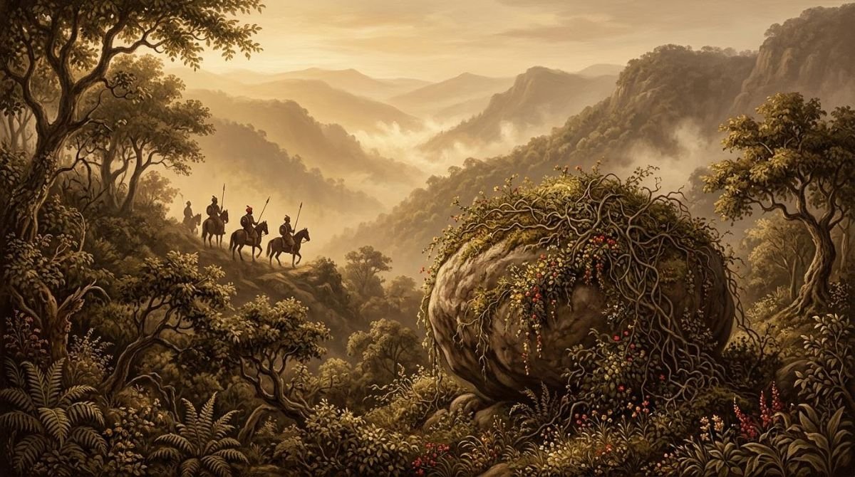 Imagined painting of the great boulder of Thal Pir in the Samahni valley