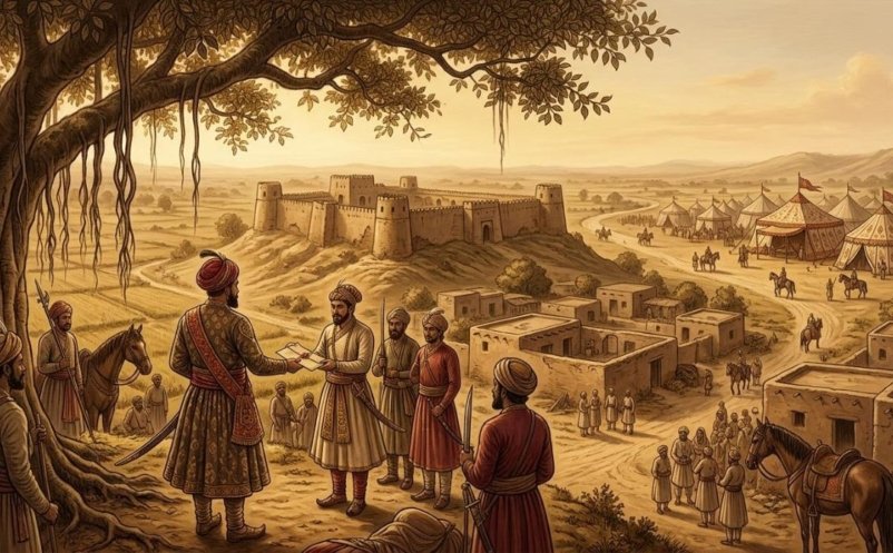 Painted scene of a fortified village mound with a Mughal camp beyond, evoking the founding of Thotha Rai Bahadur
